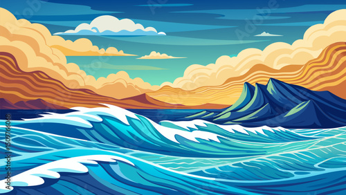 Majestic Ocean Waves Crashing on Rocky Shore at Sunset