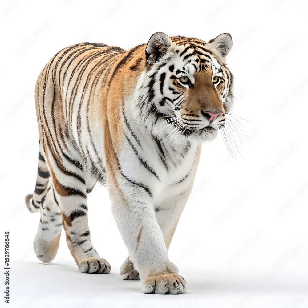 Fototapeta premium A sleek full-body Bengal tiger walking slowly with a poised and graceful posture.