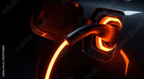 Electric Vehicle Charging with Glowing Orange Cable