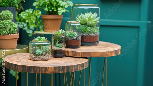 Succulents in glass jars on wooden side tables.