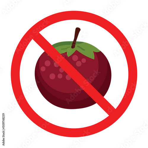 Forbidden sign with mangosteen fruit icon, no mangosteen allowed sign, mangosteen prohibition symbol, do not eat mangosteen sign