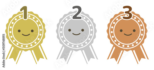 シンプルなランキング メダルアイコンセット 単色　顔付き　金銀銅