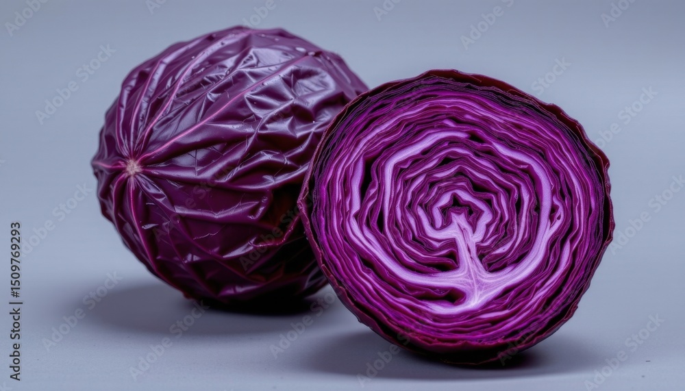 Close-up of Fresh Red Cabbage Whole and Sliced Displaying Juicy Layers and Deep Purple Color for Healthy Vegetable Cooking or Salad Ingredient Use Close-up of Fresh Red Cabbage Whole and Sliced Displaying Juicy Layers and Deep Purple Color for Healthy Vegetable Cooking or Salad Ingredient Use