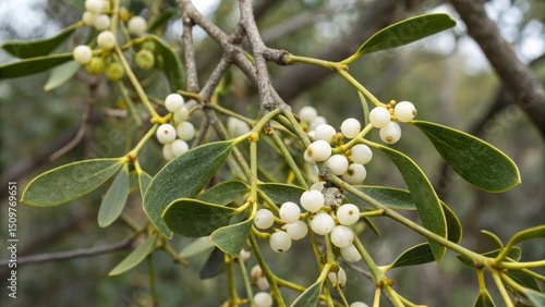 Isolated macro of Phoradendron serotinum (American mistletoe) fruits and leaves, toxic parasitic plant