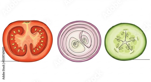 Sliced Vegetables Still Life in Continuous Line Art Style