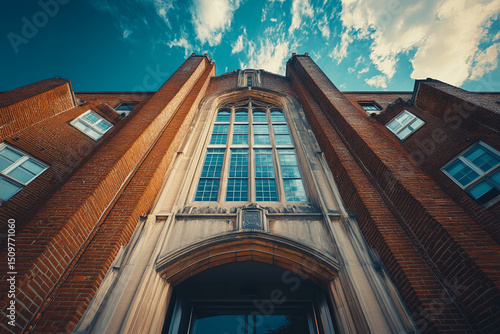 Dramatic low angle of a towering school entrance
