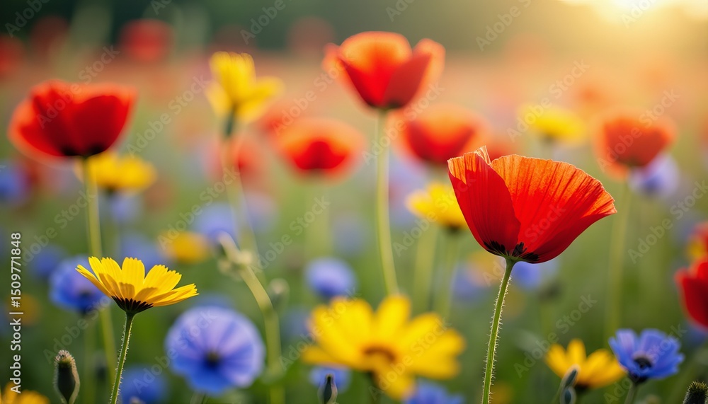 Fototapeta premium A Vibrant Field of Red Poppies and Blue and Yellow Wildflowers Bathed in Warm Golden Sunlight During a Serene Sunset