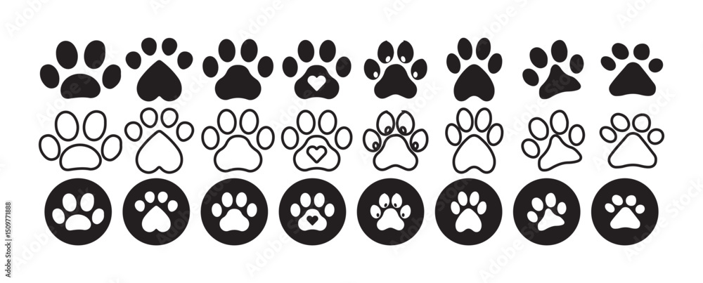 Animal Paw Print Icons with Claws and Circle Backgrounds, Victor illustration eps 10.