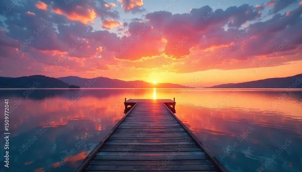 Obraz premium Serene sunrise paints the sky with vibrant colors over a tranquil dock extending into calm water The scene is peaceful and idyllic, perfect for relaxation and contemplation , boat dock, waterfront