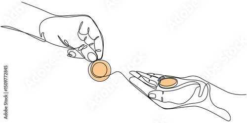 Continuous line drawing of hand hold money coin to give charity donate or pay something. Vector illustration, Hand holds coin continuous one line drawing art savings and investment money concept, One