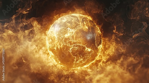 A fiery earth globe surrounded by swirling flames and smoke in a dramatic and intense display of heat