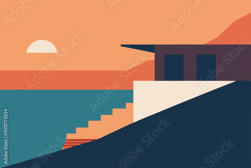 Fotografie Modern minimalist house, oceanfront property, sunset background, abstract landsc