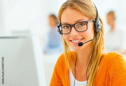 Happy Young Woman Wearing Glasses and Headset Sitting at Computer in Office. customer service.