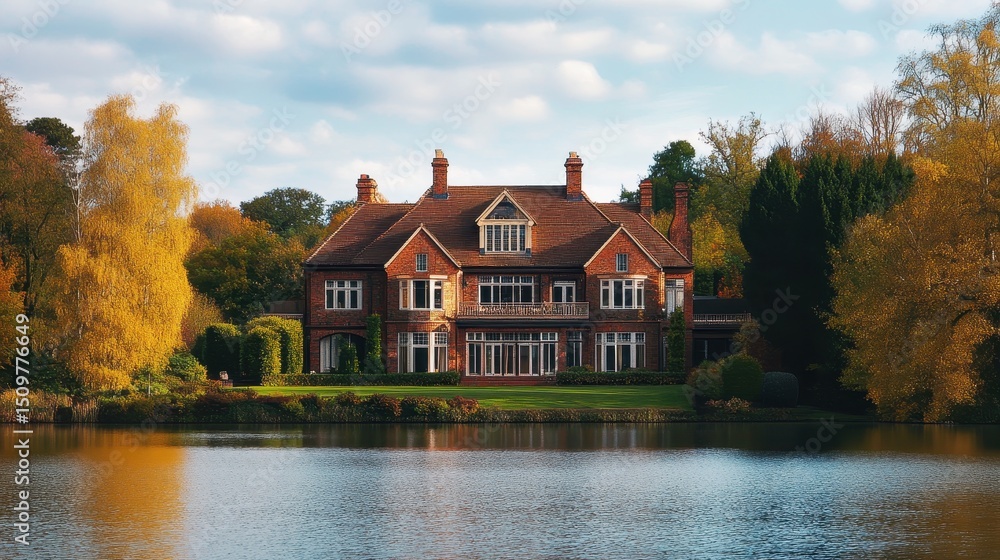 Obraz premium Luxury Lake House. Expensive Brick Dwelling in Country Setting