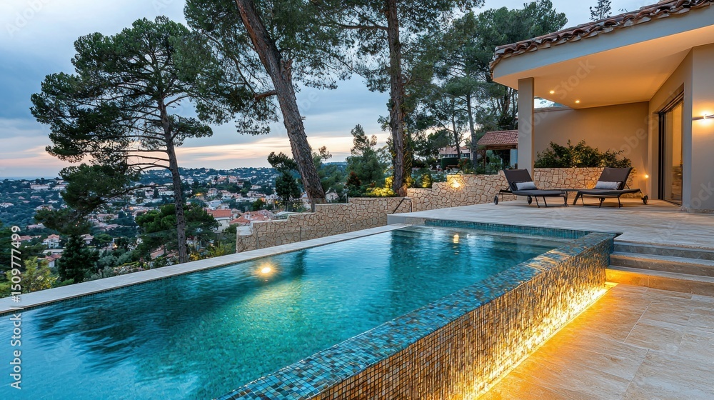 Fototapeta premium Poolside view overlooking city at dusk