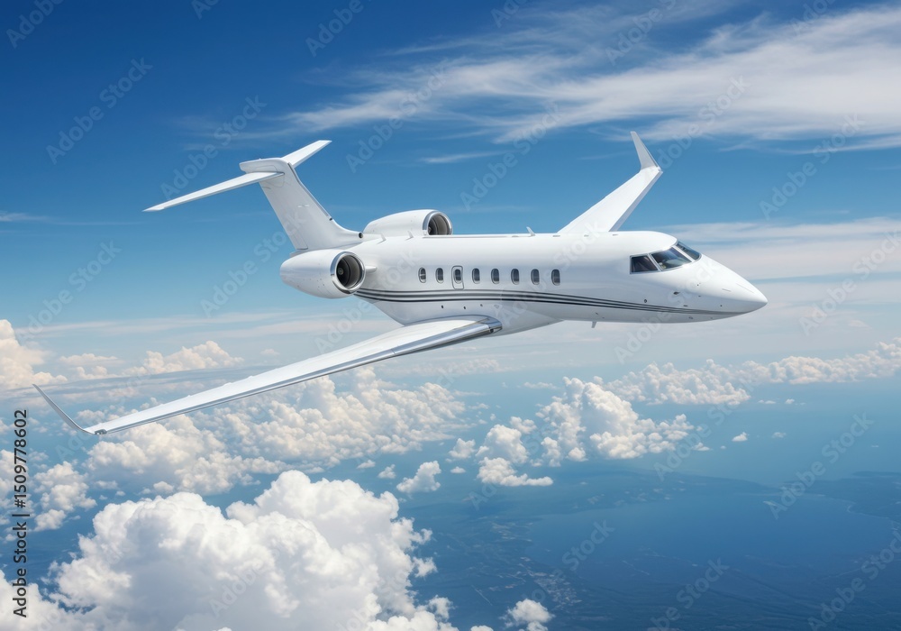 Obraz premium Private jet flying above the clouds in a blue sky
