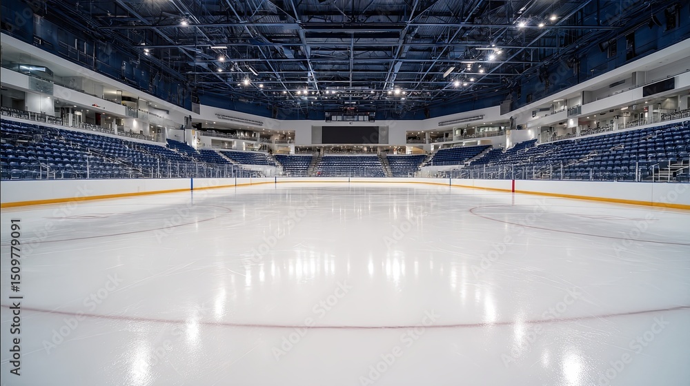 Naklejka premium Wide angle view of an empty hockey stadium with clean white ice rink reflecting arena lights under natural ambient lighting