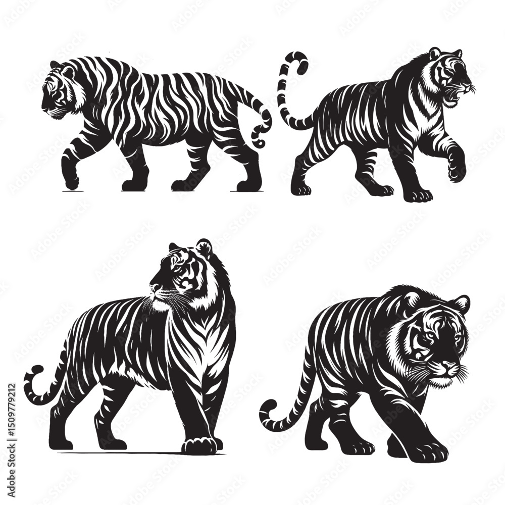 Obraz premium Walking Tiger Silhouette Vector | Wild Animal Illustration Isolated on White Background