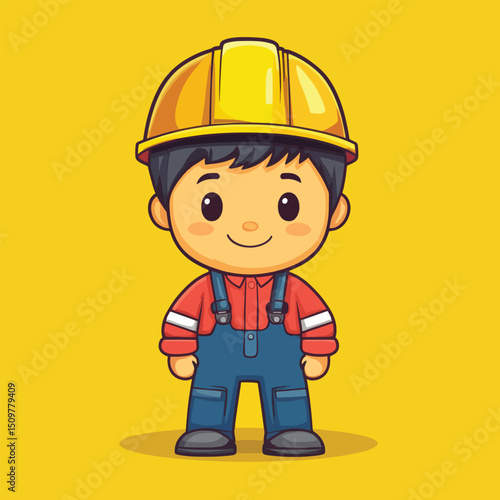 Cheerful Cartoon Construction Worker in Yellow Hard Hat and Blue Overalls