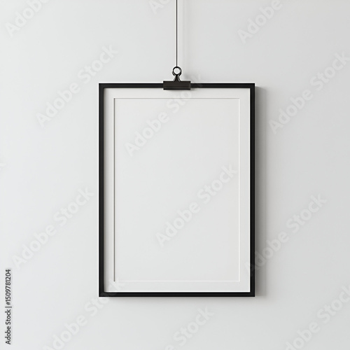 Empty Black Framed Poster Mockup on White Wall