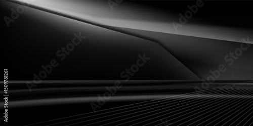 3D rendering of black and grey neon abstract geometric background. Scene for advertising design, showroom, technology, future, modern, sports, games, metaverse, cosmetics, warehouse, garage.