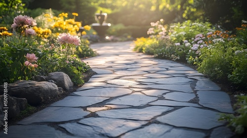 Fototapeta Naklejka Na Ścianę i Meble -  The path of the stone garden bathed in sunlight