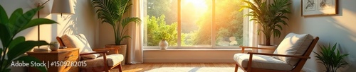 A serene and inviting therapy office Sunlight streams through a large window, illuminating a comfortable, stylish space designed for healing and well-being , health, aesthetically pleasing