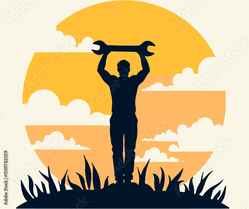 Silhouette lifting wrench against sunset, symbolizing pride and solidarity