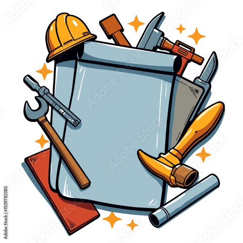 Bold blueprint illustration with tools in pop art style, Labor Day pride