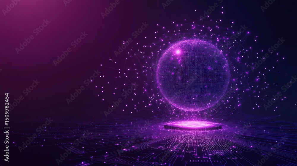 Obraz premium Futuristic glowing sphere on circuit board, digital data network concept.