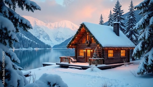 A serene lakeside cabin, decorated for a holiday, sits quietly awaiting guests Snow dusted pines surround the peaceful winter scene, promising a restful getaway , vacation, cottage, getaway