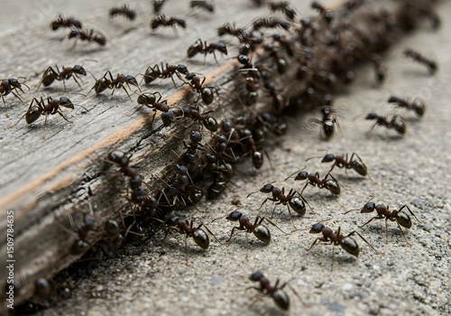 close-up shot, wallpaper, Ants swarming near wood, symbolizing, infestation and need for pest control. a large colony of black ants on a concrete surface, some ants are near a wooden plank, 