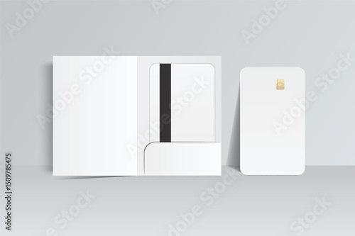 3D Realistic plastic credit card and pocket folder, open leaflet, bifold mockup isolated on background. Blank template design for online business and finance, technology payment, digital pay concept.