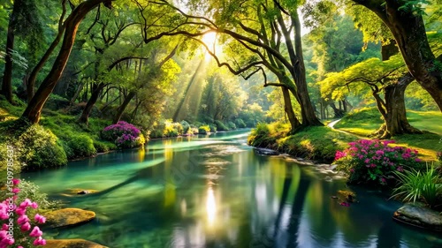 Tranquil river flows through a lush green forest with beautiful flowers and sunlight