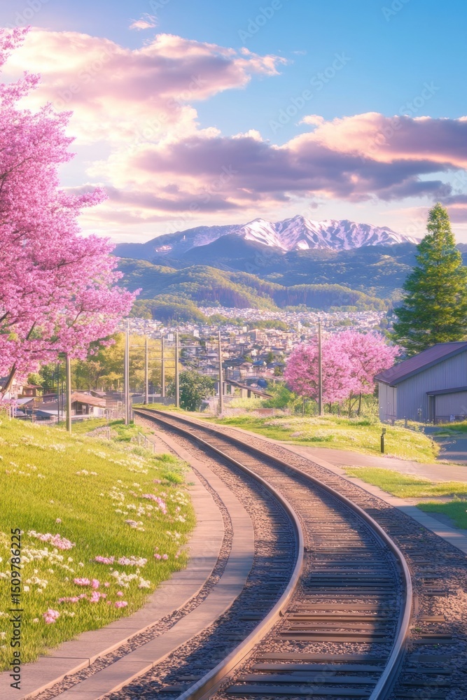 Fototapeta premium Spring train tracks, mountains