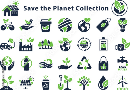 Set of environment protection illustrations promoting recycling, clean energy, and eco living