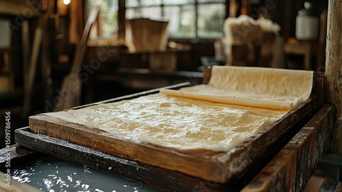 A close up of handmade paper pulp in a wooden frame inside a traditional paper making workshop