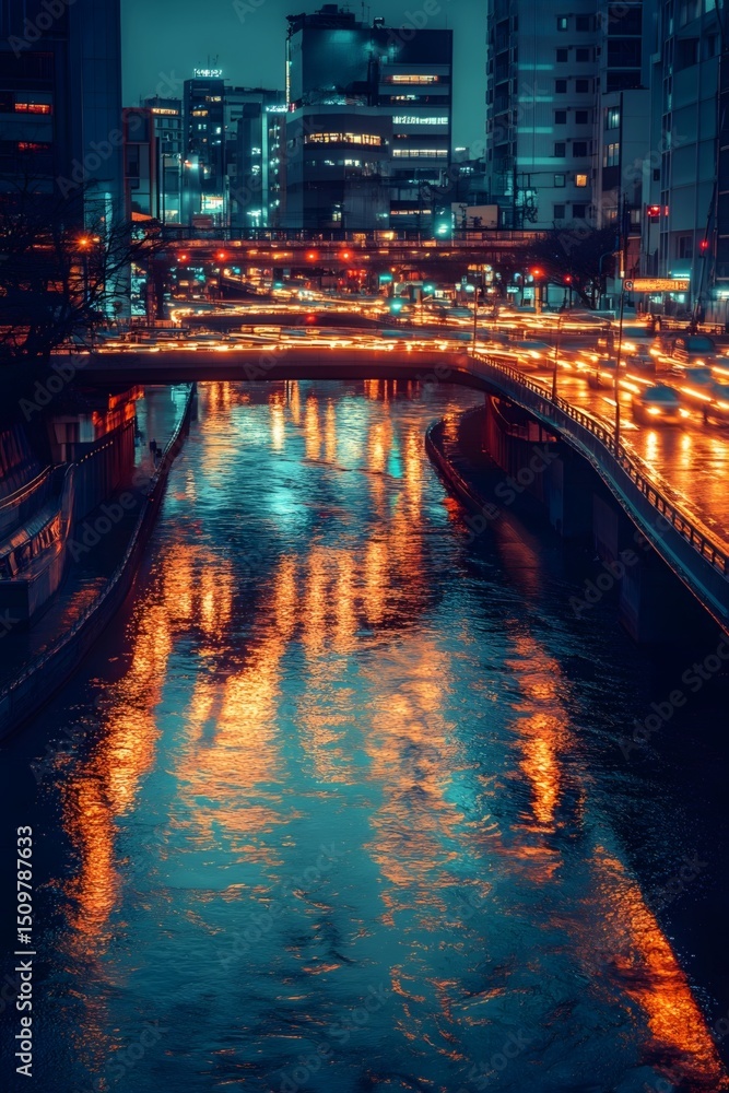 Fototapeta premium Silver River and Flowing Light Belt Under Elevated Bridge