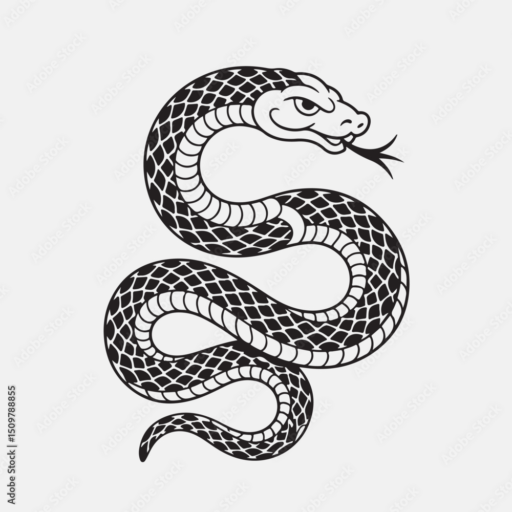 Fototapeta premium Stylized black and white serpent graphic illustration on a plain white background