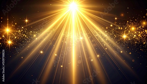 輝く光と金色の粒子が降り注ぐ、神秘的なエネルギーの表現A mysterious energy expression with shining light and golden particles falling.