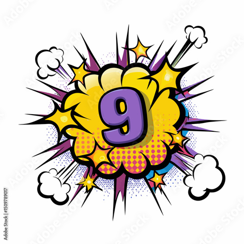 Bright yellow comic book style burst with the number nine in center, vector image  