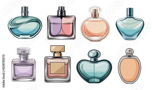 Set of elegant perfume bottles in various shapes and styles. Classic, modern, luxury fragrance containers. Vector illustration isolated on transparent background.