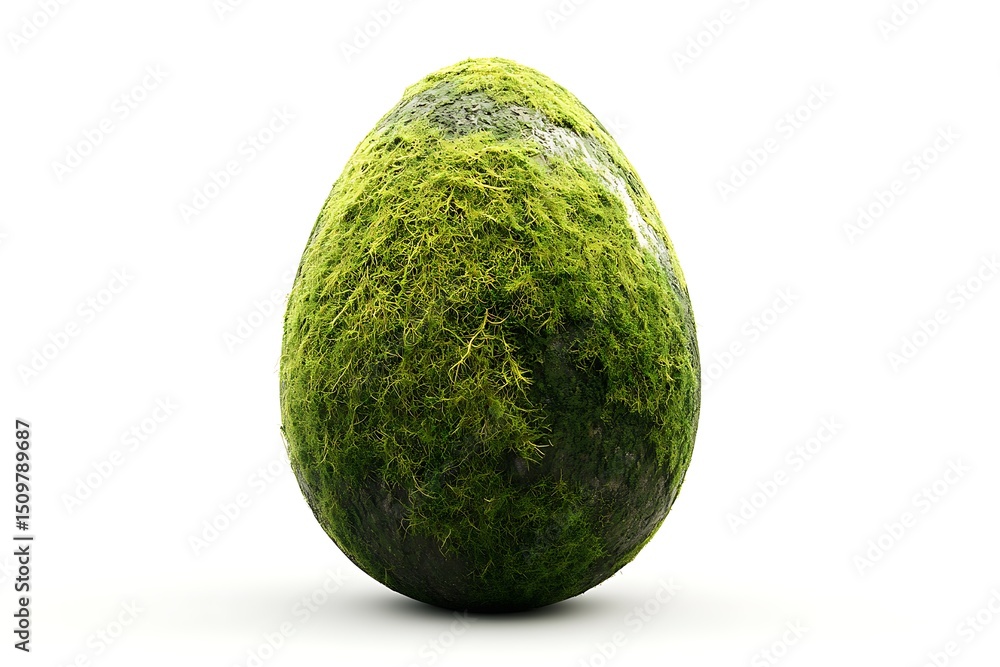 Close up of a moss covered egg shaped object on a white background in a studio setting Close up of a moss covered egg shaped object on a white background in a studio setting