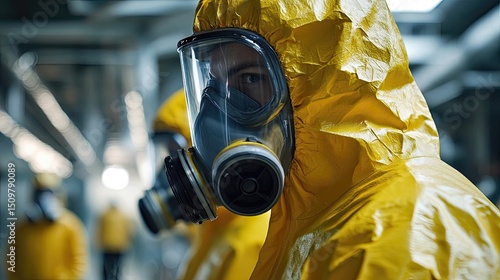 A person in a yellow hazmat suit and gas mask stands in a blurred industrial setting with others