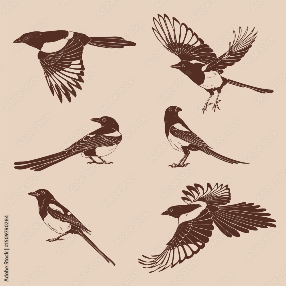 Fototapeta premium Magpie, flying bird, set. Hand drawn vector illustration