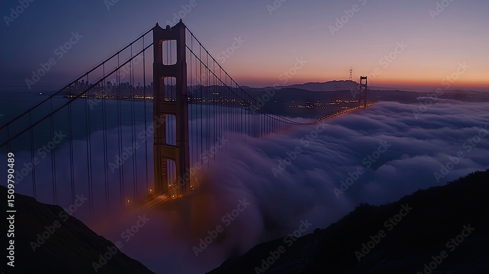 Fototapeta premium Golden Gate Bridge shrouded in a magnificent twilight mist.