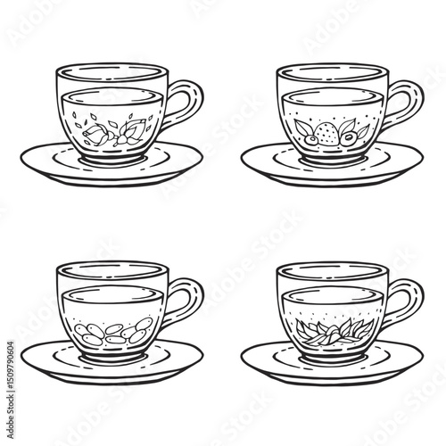 Set glass mugs of tea and saucer. Medicinal tea. Hand drawn vector illustration.
