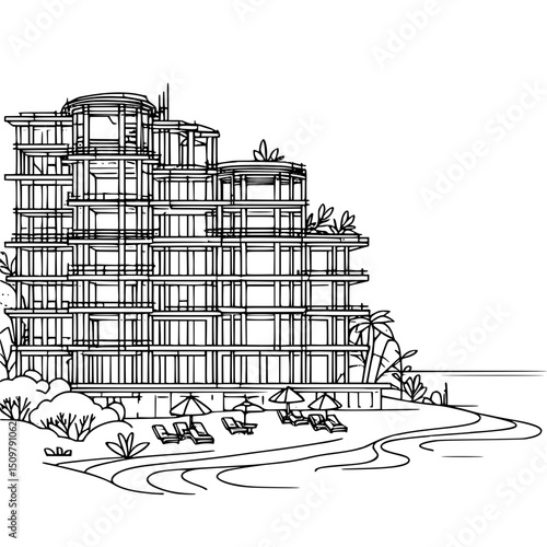 Outline illustration of modern unfinished seaside hotel with palm trees, one line vector outline