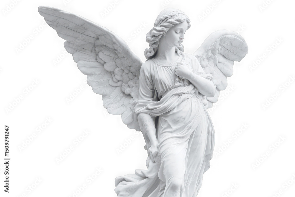 Fototapeta premium High-resolution angel statue with wings png, perfect for graphic design and art projects, white angelic figure, digital art, isolated on transparent background
