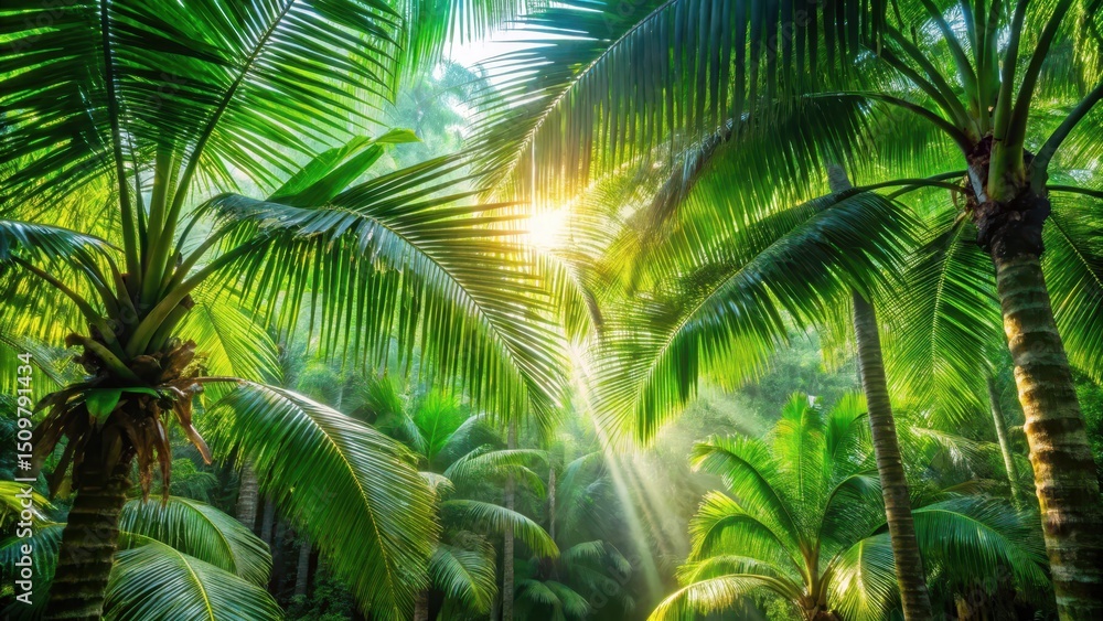 Fototapeta premium Palm fronds in a lush green forest with large trees and bright sunlight filtering through the canopy, tropical, sunlight
